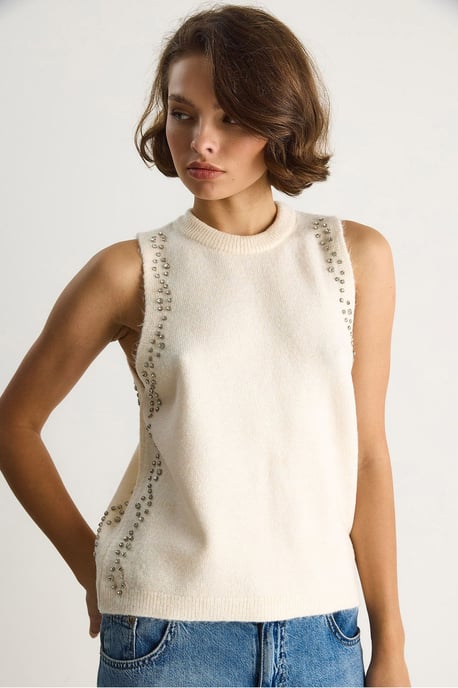 Texturerad stickad t-shirt med rundad hals - Image 6