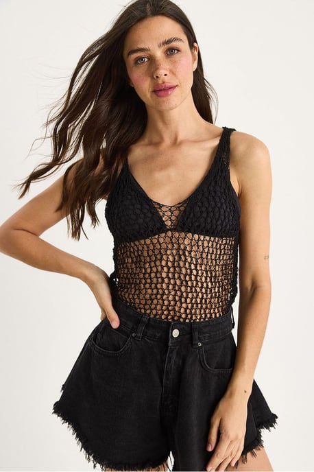 Geweven Gebreid Crewneck Blouse met Mesh Detail - Image 1