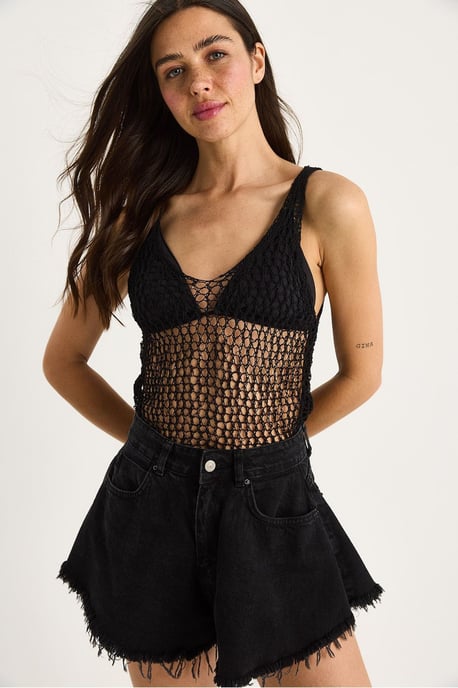Geweven Gebreid Crewneck Blouse met Mesh Detail - Image 2