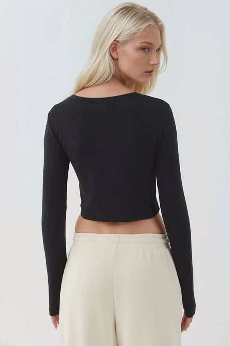 Elastisk Crew Neck Långärmad Crop Top - Image 5