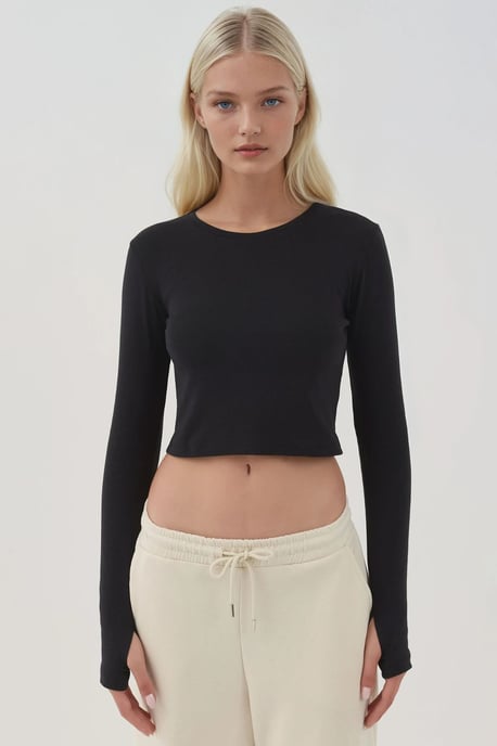 Elastisk Crew Neck Långärmad Crop Top - Image 6