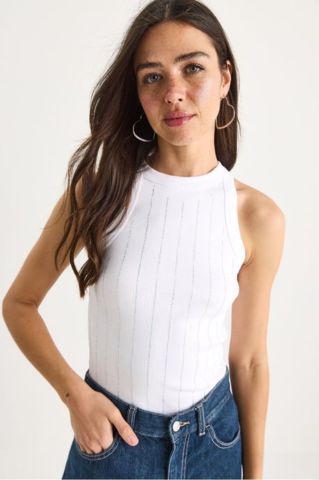 Striped Ribbed Crew Neck Crop Top - Image 2