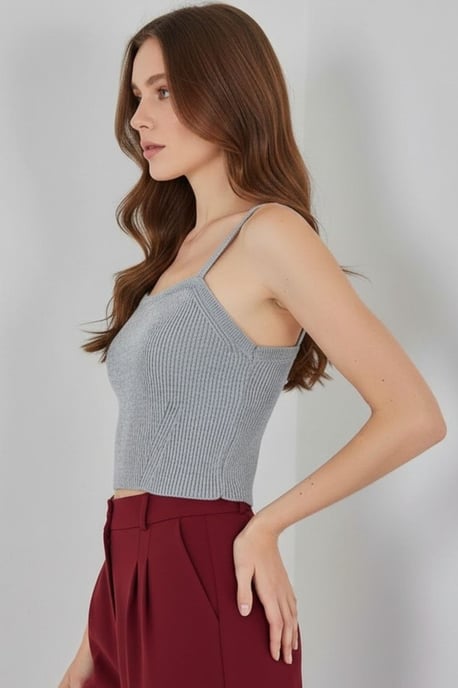 Vierkante Kraag Geribbelde Gebreide Crop Top - Image 2