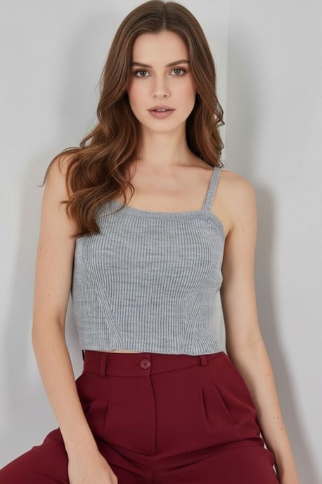 Vierkante Kraag Geribbelde Gebreide Crop Top - Image 4