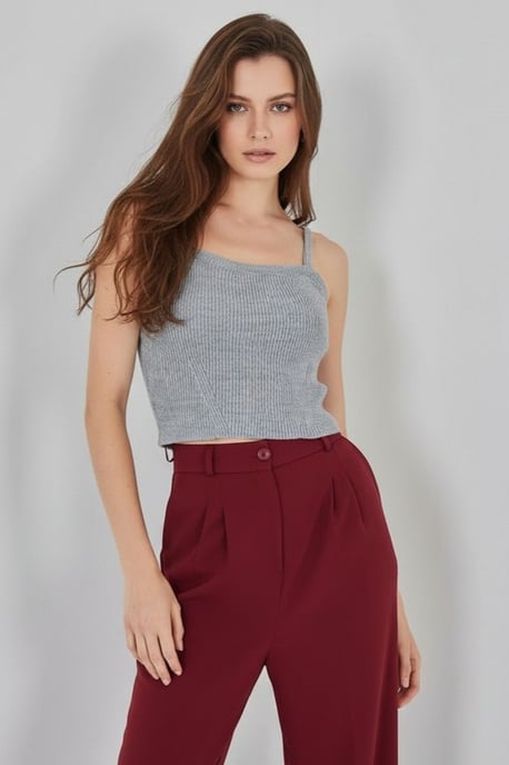 Vierkante Kraag Geribbelde Gebreide Crop Top - Image 5