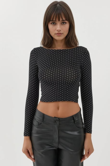 Öppen Rygg Prickig Långärmad Figursydd Cropped Top - Image 2