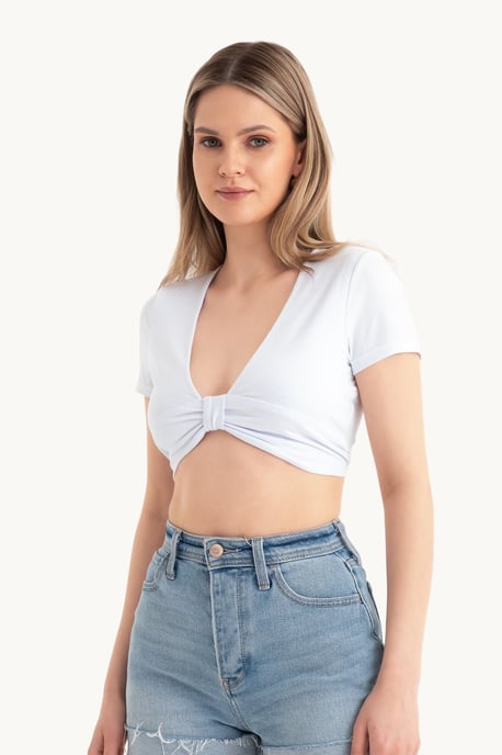 Djupt V-ringad Knut Framsida Kappa Ärmlös Crop Top - Image 3