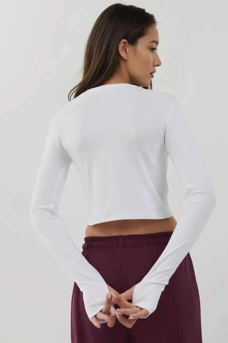 Elastisk Crew Neck Långärmad Crop Top - Image 4