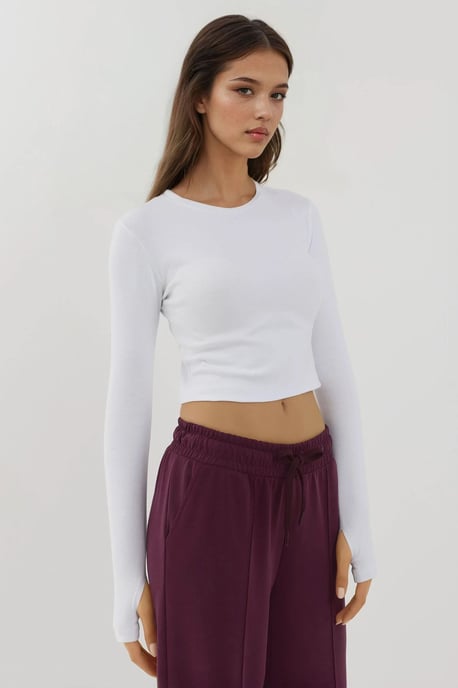 Elastisk Crew Neck Långärmad Crop Top - Image 5