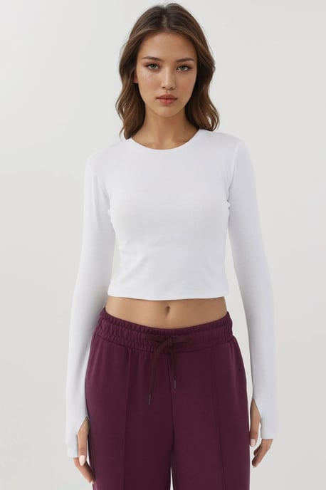 Elastisk Crew Neck Långärmad Crop Top - Image 6