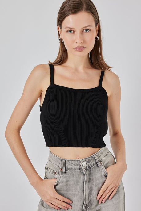 Vierkante Kraag Geribbelde Gebreide Crop Top - Image 1