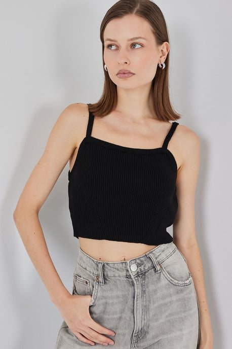 Vierkante Kraag Geribbelde Gebreide Crop Top - Image 3
