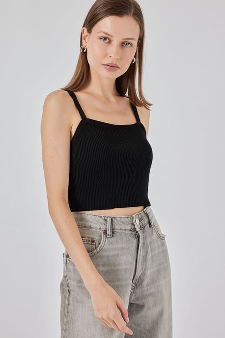 Vierkante Kraag Geribbelde Gebreide Crop Top - Image 4