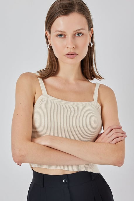 Vierkante Kraag Geribbelde Gebreide Crop Top - Image 4
