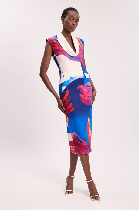 Polished Tailored Cowl Neck Sleeveless Midi Dress - Image 1