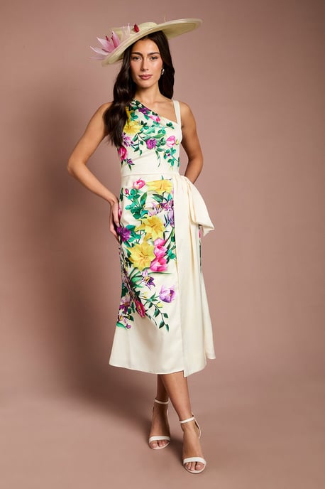 Lisa Tan Placement Print Satin Floral Bow Detail Midi Dress - Image 1