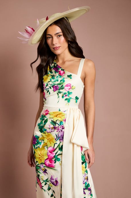 Lisa Tan Placement Print Satin Floral Bow Detail Midi Dress - Image 2