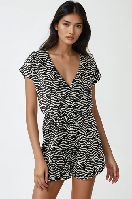 Printed V-Neck Mini Jumpsuit with Short Legs - Image 1