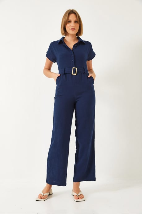 Lange Poplin Jumpsuit met Hemdnek en Knopsluiting - Image 2