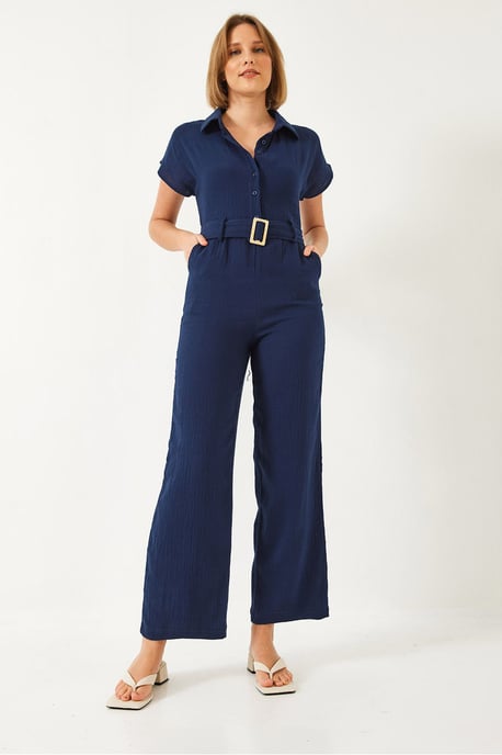 Lange Poplin Jumpsuit met Hemdnek en Knopsluiting - Image 4