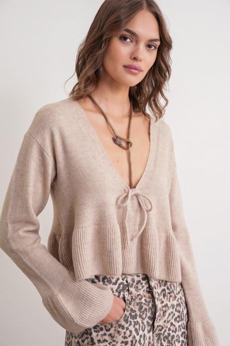 Tie Detailed Ruffled V-Neck Knit Sweater - Image 1