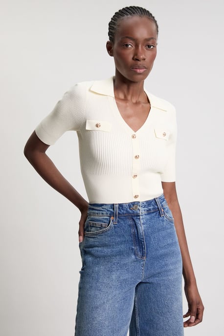 Military Trim Rib Knit Short Sleeve Collared Top - Image 1