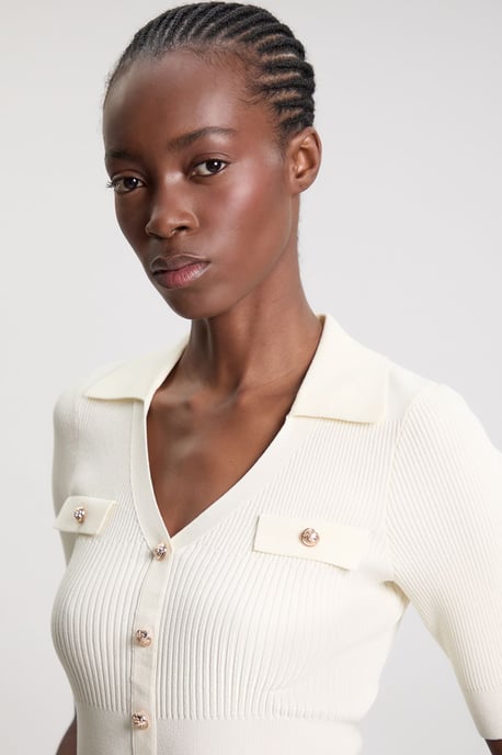 Military Trim Rib Knit Short Sleeve Collared Top - Image 2