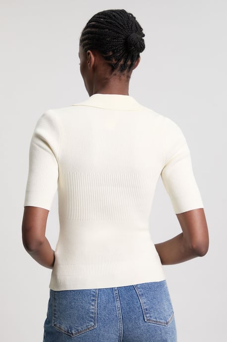 Military Trim Rib Knit Short Sleeve Collared Top - Image 3