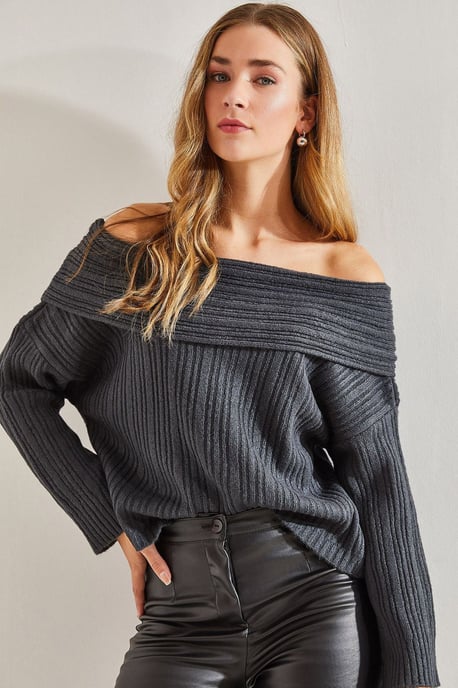 Off Shoulder Geribbelde Gebreide Trui - Image 1