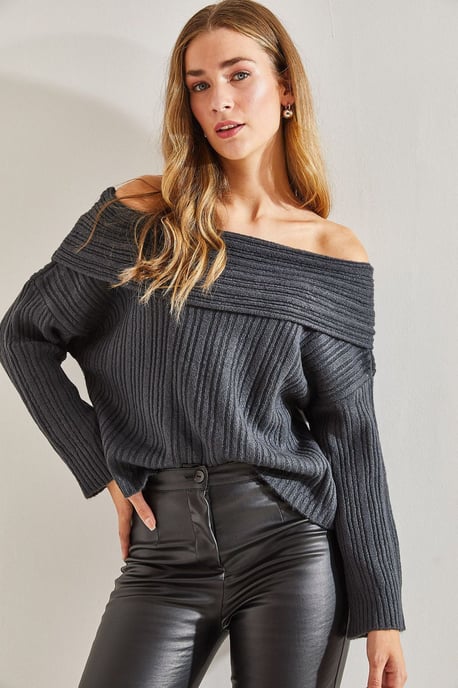 Off Shoulder Geribbelde Gebreide Trui - Image 2