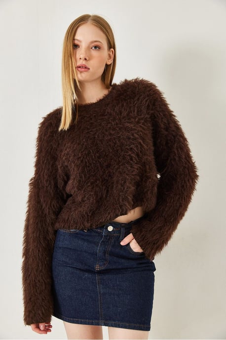 Gestructureerde Crew Neck Crop Trui met Pluche Detail - Image 2