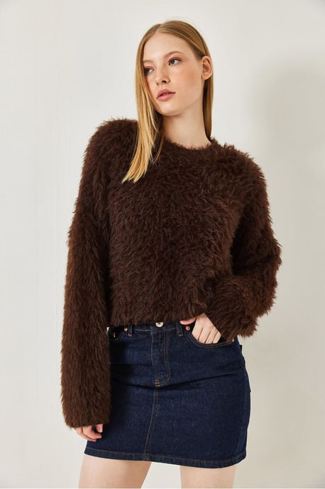 Gestructureerde Crew Neck Crop Trui met Pluche Detail - Image 3