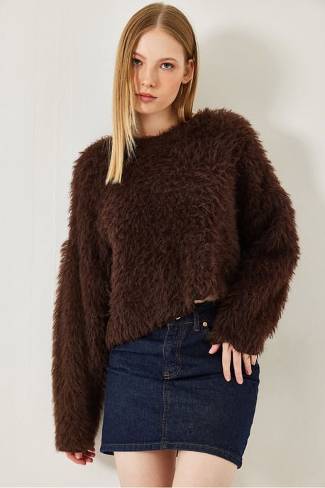 Gestructureerde Crew Neck Crop Trui met Pluche Detail - Image 4