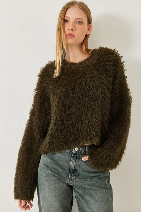 Gestructureerde Crew Neck Crop Sweater met Pluche Detail - Image 1