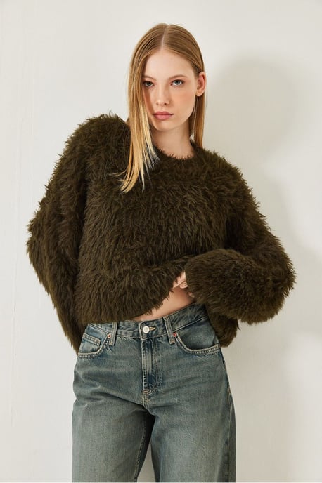 Gestructureerde Crew Neck Crop Sweater met Pluche Detail - Image 2