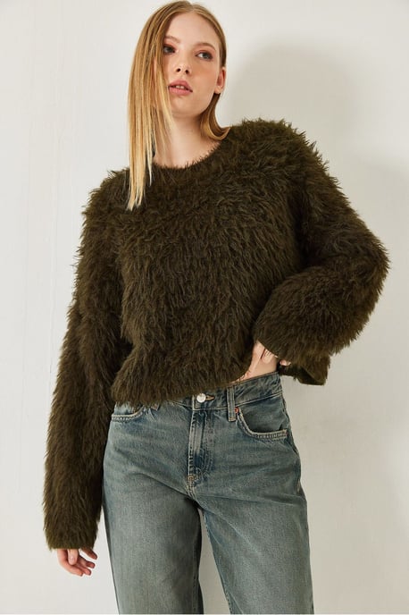 Gestructureerde Crew Neck Crop Sweater met Pluche Detail - Image 3