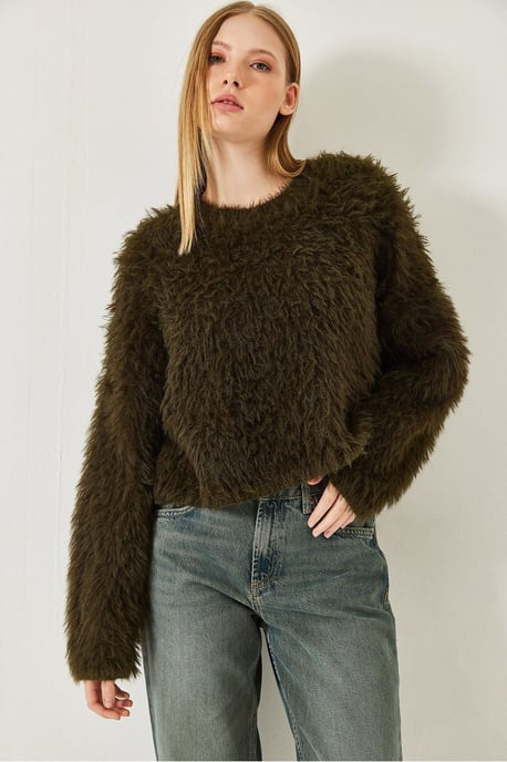 Gestructureerde Crew Neck Crop Sweater met Pluche Detail - Image 4