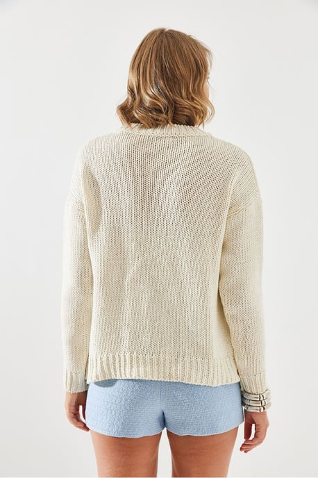 Geometric Pattern Knit Sweater with Crew Neck - Image 3