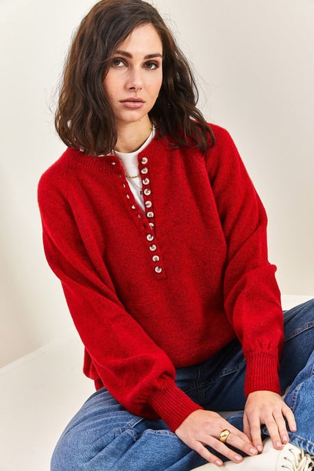 Button Collar Relaxed Fit Knit Sweater - Image 2