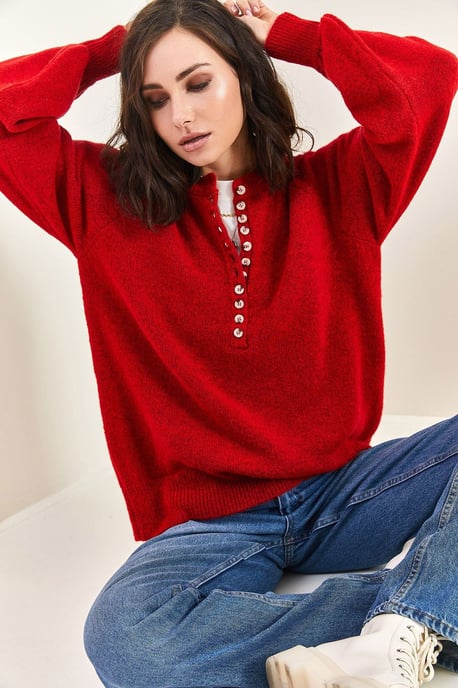 Button Collar Relaxed Fit Knit Sweater - Image 3