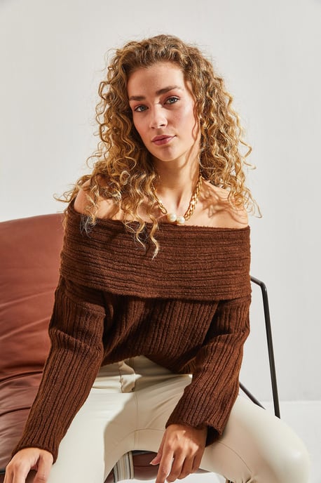 Off Shoulder Geribbelde Gebreide Trui - Image 2