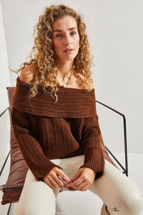 Off Shoulder Geribbelde Gebreide Trui - Image 3
