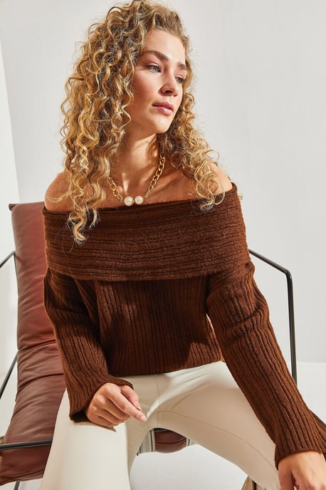 Off Shoulder Geribbelde Gebreide Trui - Image 4