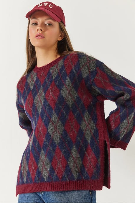 Crew Neck Slitsickad Tröja i Baklava-Mönster - Image 1