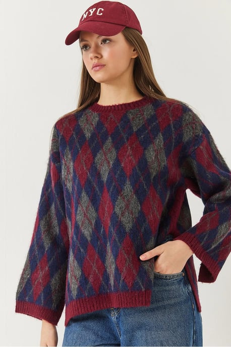 Crew Neck Slitsickad Tröja i Baklava-Mönster - Image 3