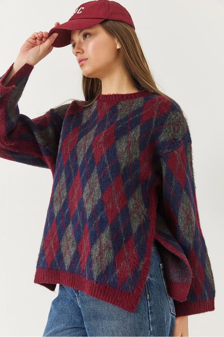 Crew Neck Slitsickad Tröja i Baklava-Mönster - Image 4