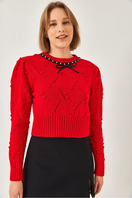 Texturerad broderad crew neck figursydd kort tröja - Image 4