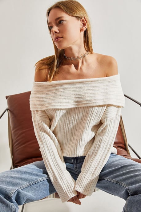 Off Shoulder Geribbelde Gebreide Trui - Image 2