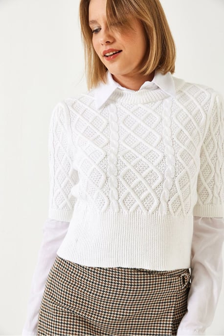 Textured Knitwear Crop Sweater with Shirt Collar - Image 3