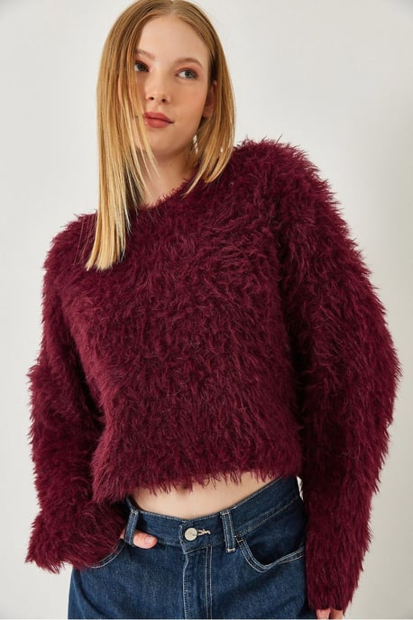 Geverfde Crew Neck Crop Trui met Pluche Detail - Image 1